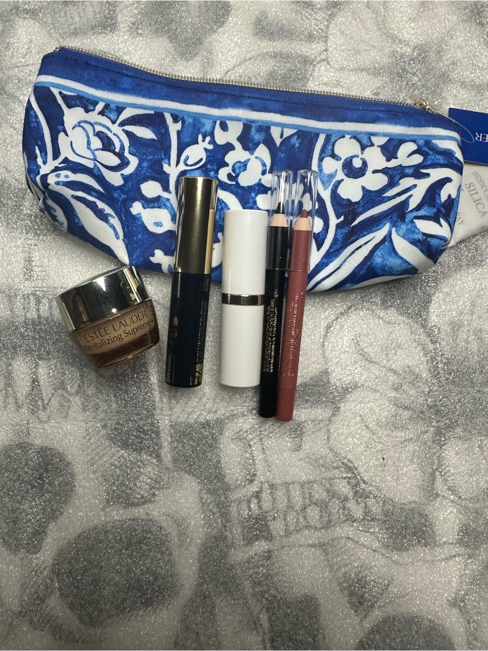 Estee Lauder Lip Liners and Makeup Set with Blue Floral Pouch